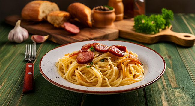 Espaguete à Carbonara com Linguiça