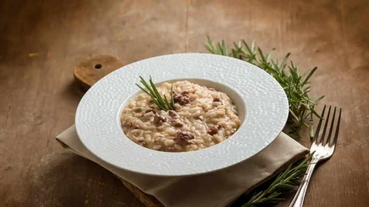 Imagem destaca uma receita de risoto de carne com tiras de Filé Mignon Reserva Friboi servido em um prato fundo redondo branco.