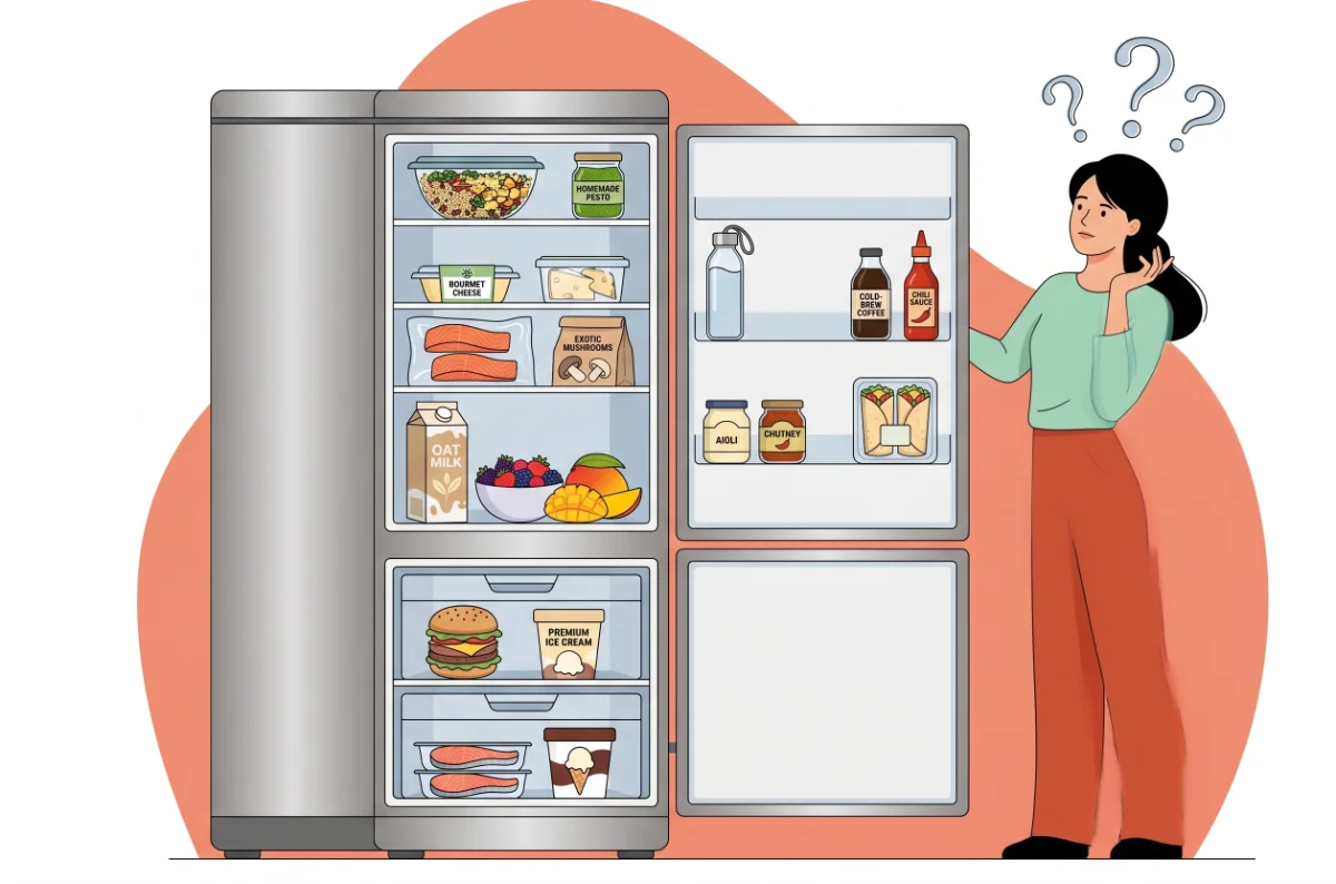 Ilustração de uma pessoa escolhendo ingredientes na geladeira